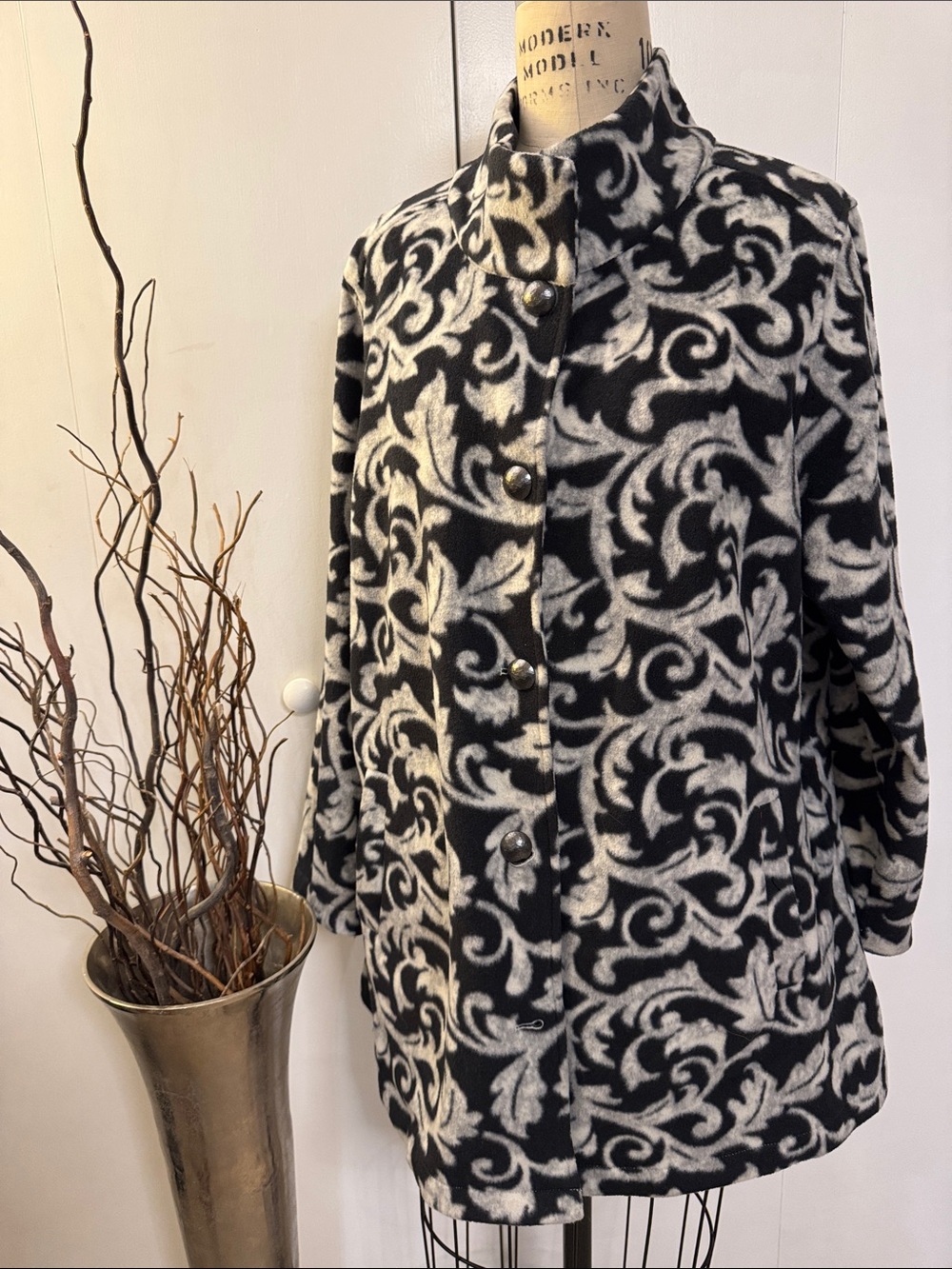 Susan Graver Black and White Scroll Jacquard Pea Coat